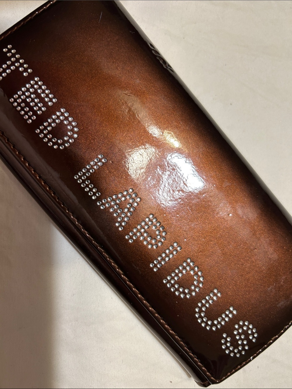 Brown Patent Leather Men's Wallet with Studded Logo